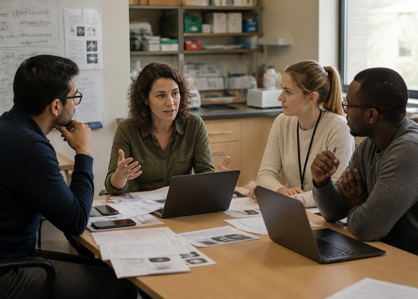 Equipe de laboratório em reunião discutindo indicadores da qualidade